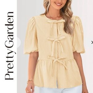 NWT Pretty Garden Striped Tie Front Blouse yellow/white S